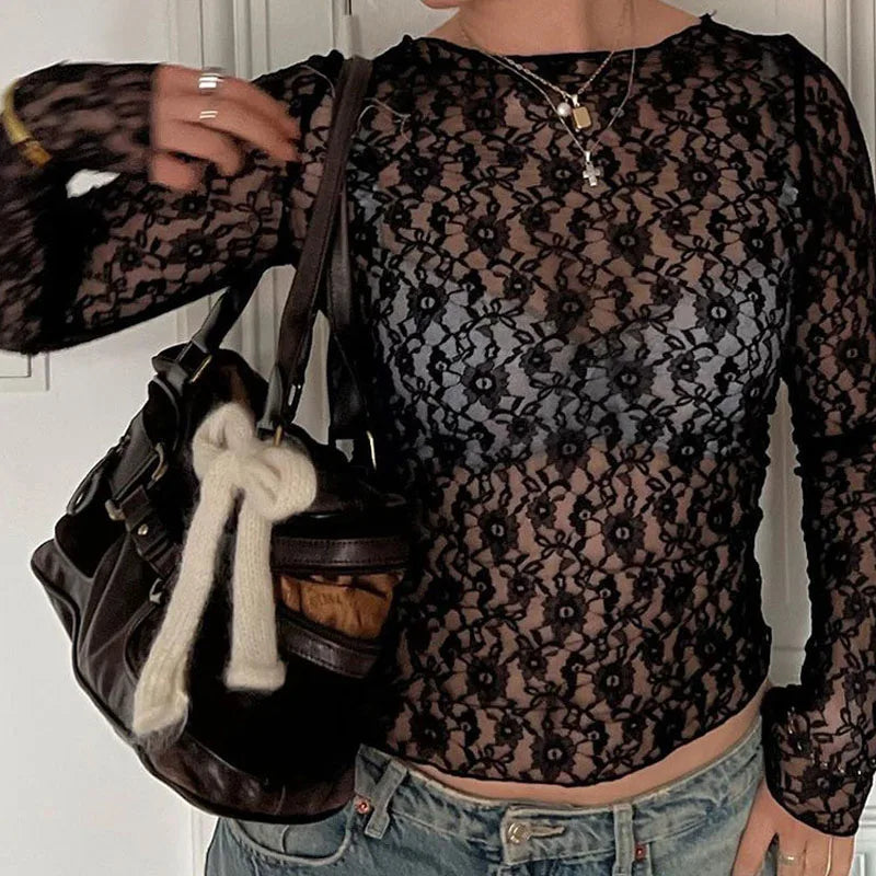 Camiseta de Encaje Transparente con Manga Larga para Mujer