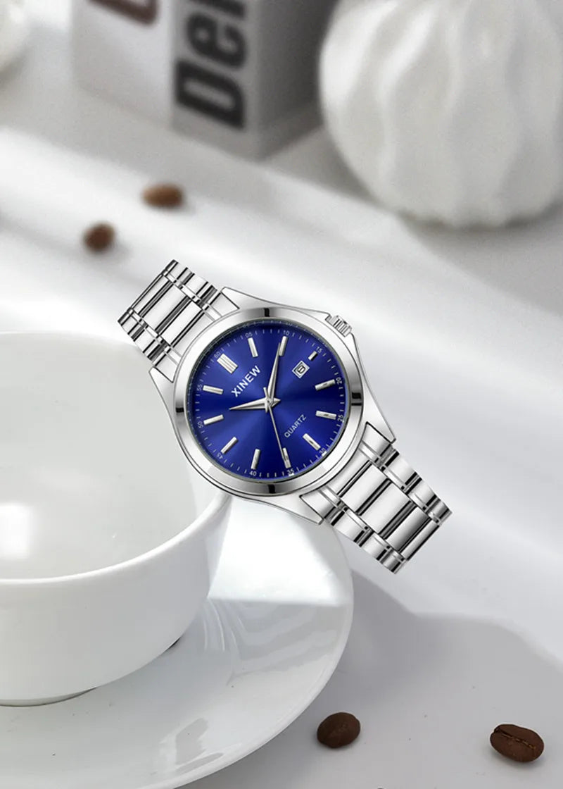 Reloj Analógico de Acero Inoxidable con Esfera Azul / Reloj Metálico Clásico para Hombre