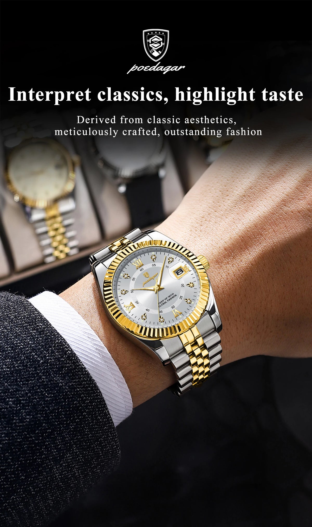 Reloj de Pulsera Clásico con Bisel Estriado / Reloj Formal de Acero para hombre