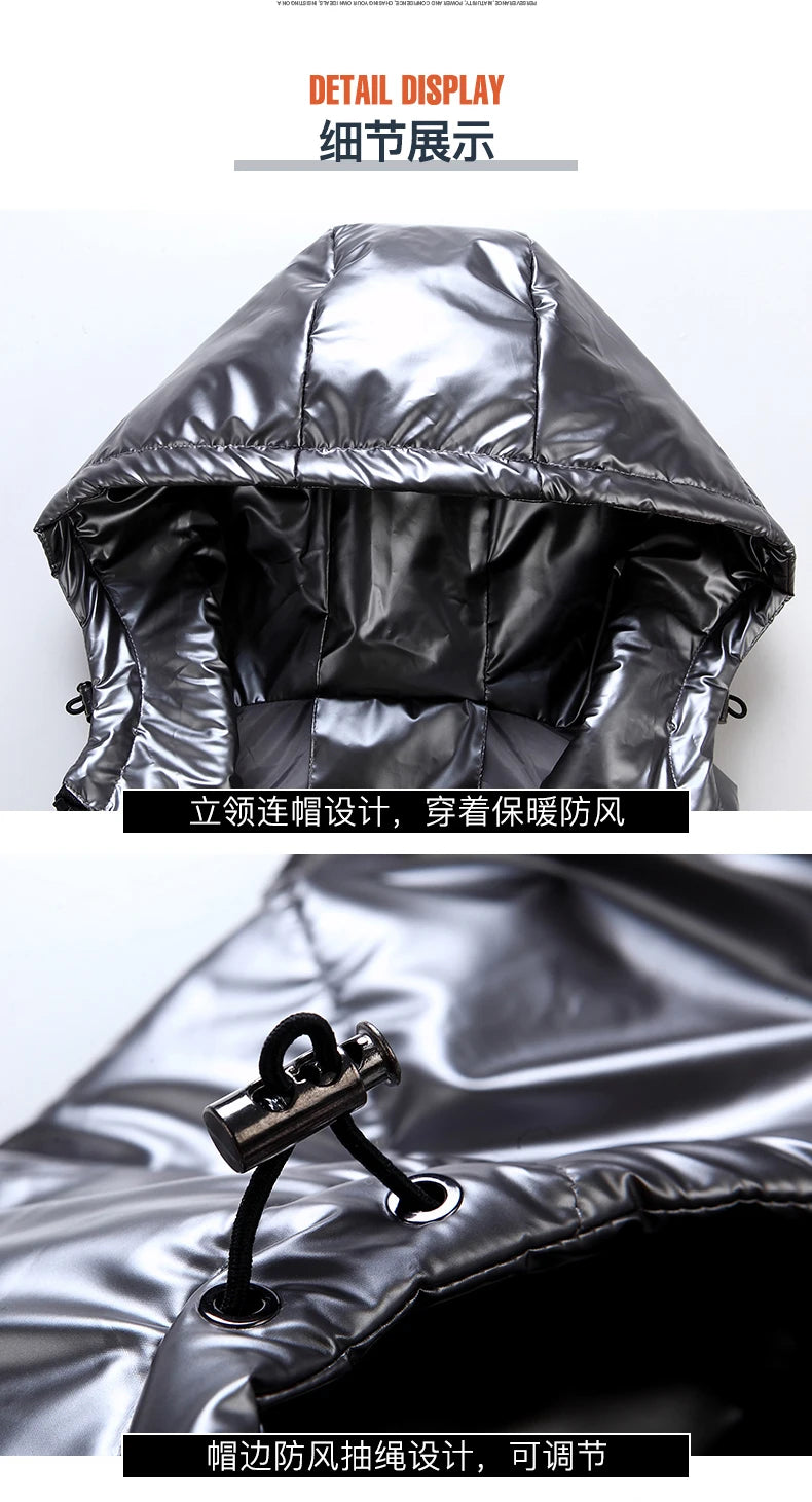 Chaleco Acolchado Puffer con Acabado Brillante y Capucha / Chaleco Urbano Negro Brillante de Invierno