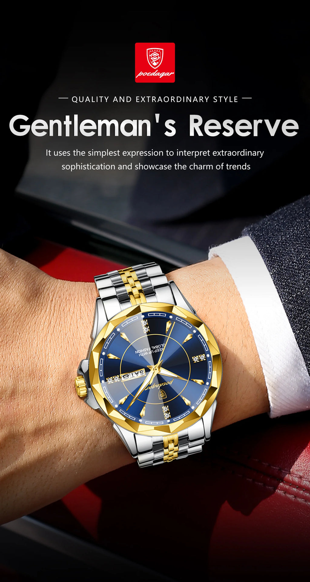 Reloj Analógico de Acero Inoxidable con Cristal Facetado / Reloj de Vestir con Esfera de Contraste Geométrico