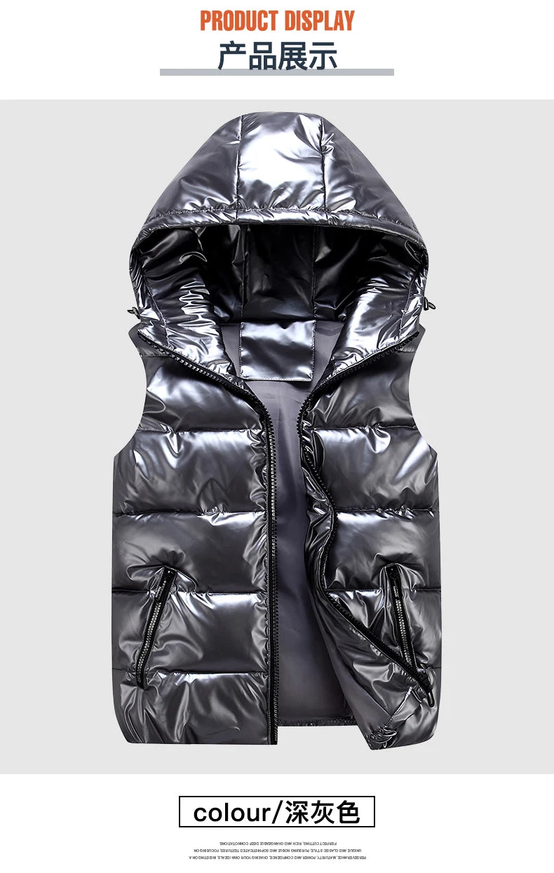 Chaleco Acolchado Puffer con Acabado Brillante y Capucha / Chaleco Urbano Negro Brillante de Invierno