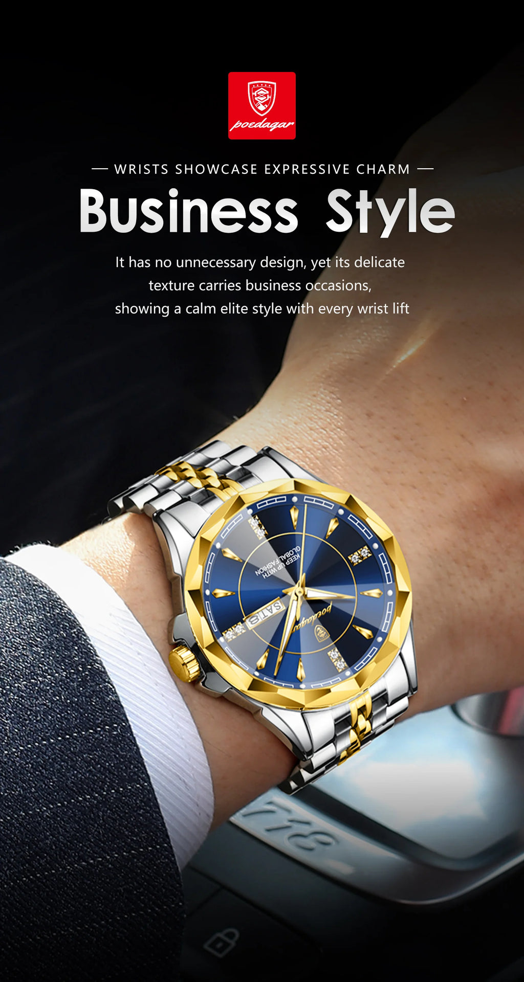 Reloj Analógico de Acero Inoxidable con Cristal Facetado / Reloj de Vestir con Esfera de Contraste Geométrico
