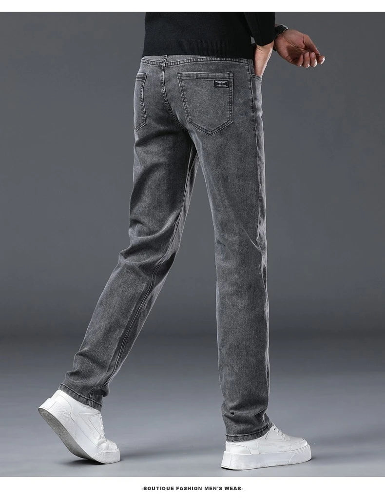 Vaqueros Rectos Elásticos de Algodón Confort / Jeans Básicos de Cintura Ajustable para Hombre