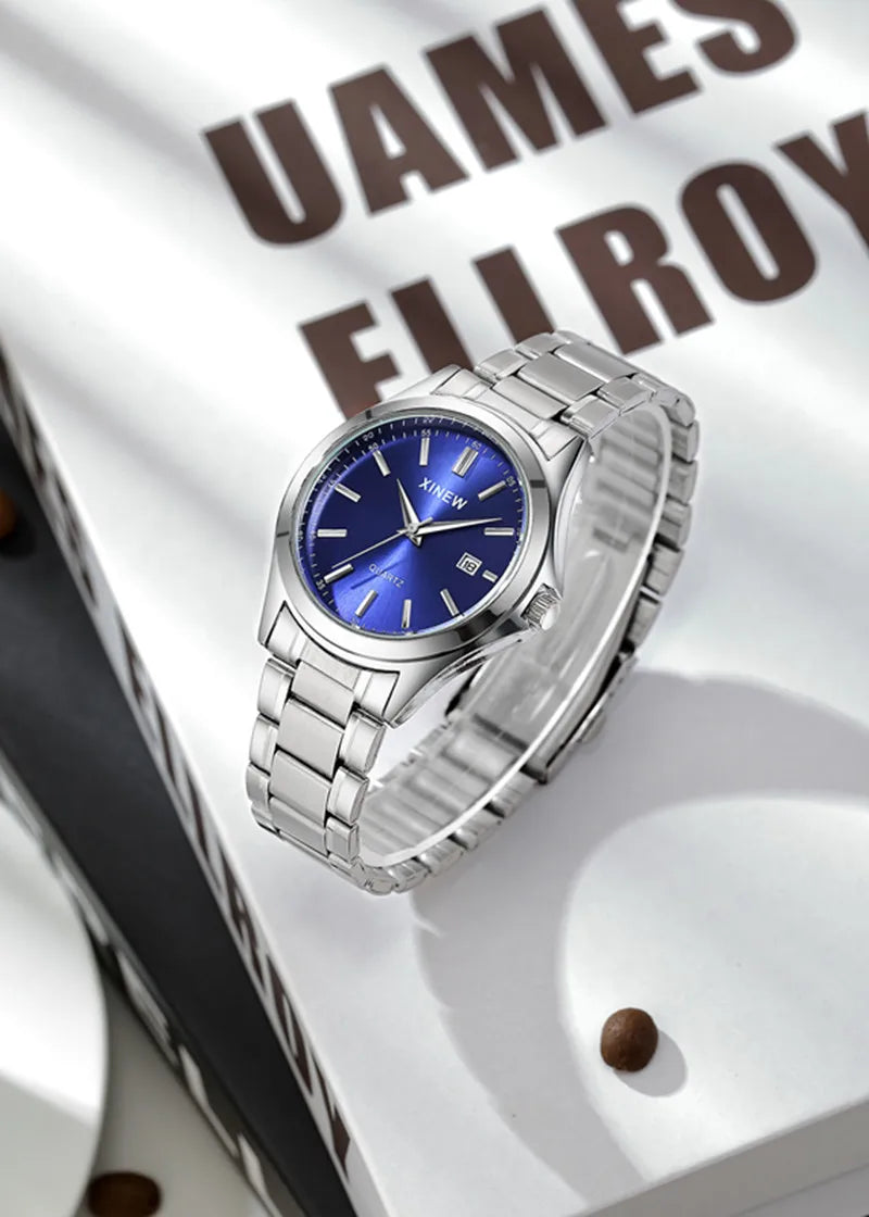 Reloj Analógico de Acero Inoxidable con Esfera Azul / Reloj Metálico Clásico para Hombre