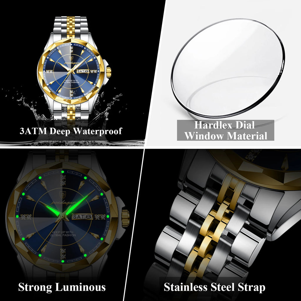 Reloj Analógico de Acero Inoxidable con Cristal Facetado / Reloj de Vestir con Esfera de Contraste Geométrico