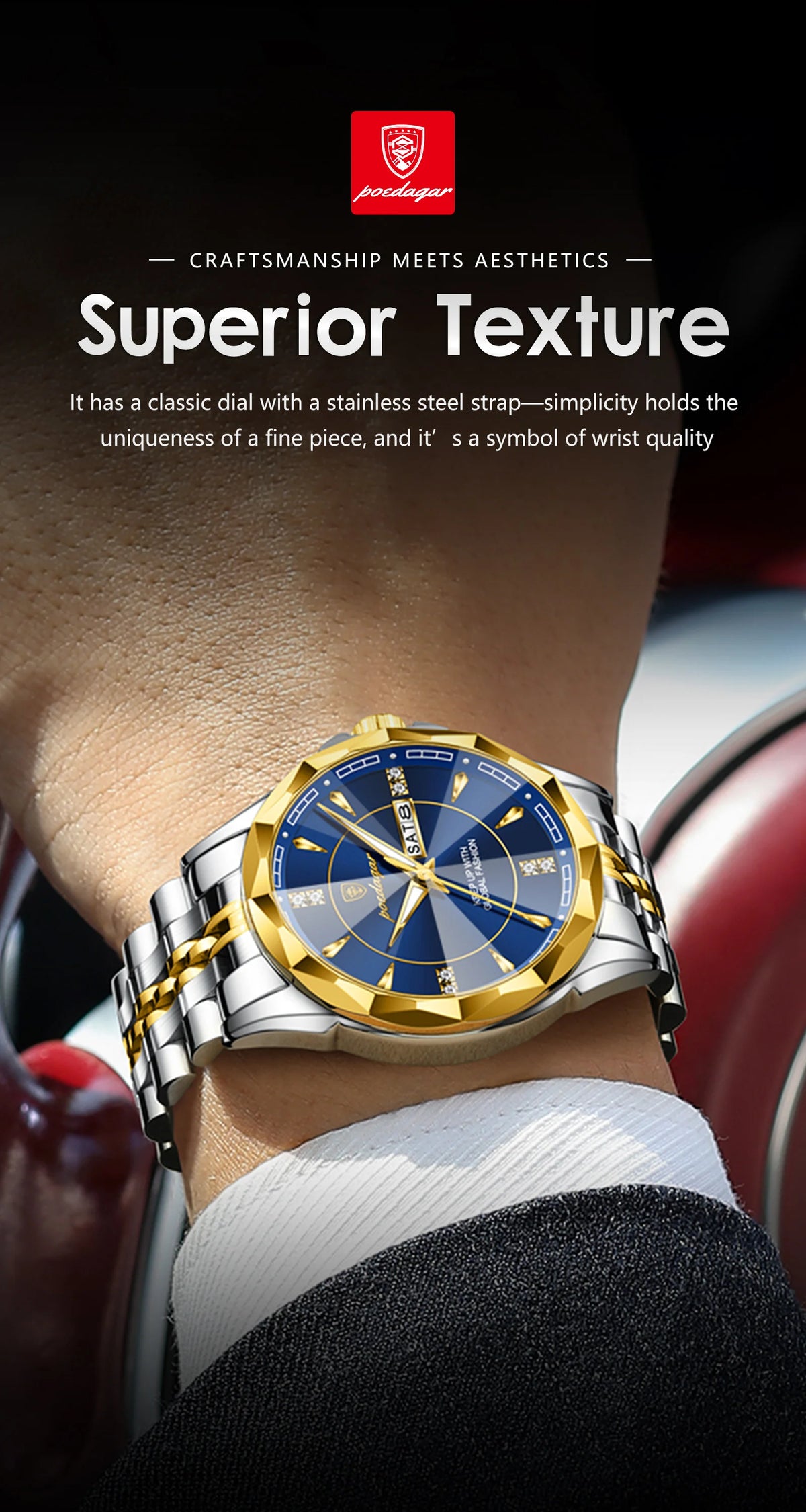 Reloj Analógico de Acero Inoxidable con Cristal Facetado / Reloj de Vestir con Esfera de Contraste Geométrico