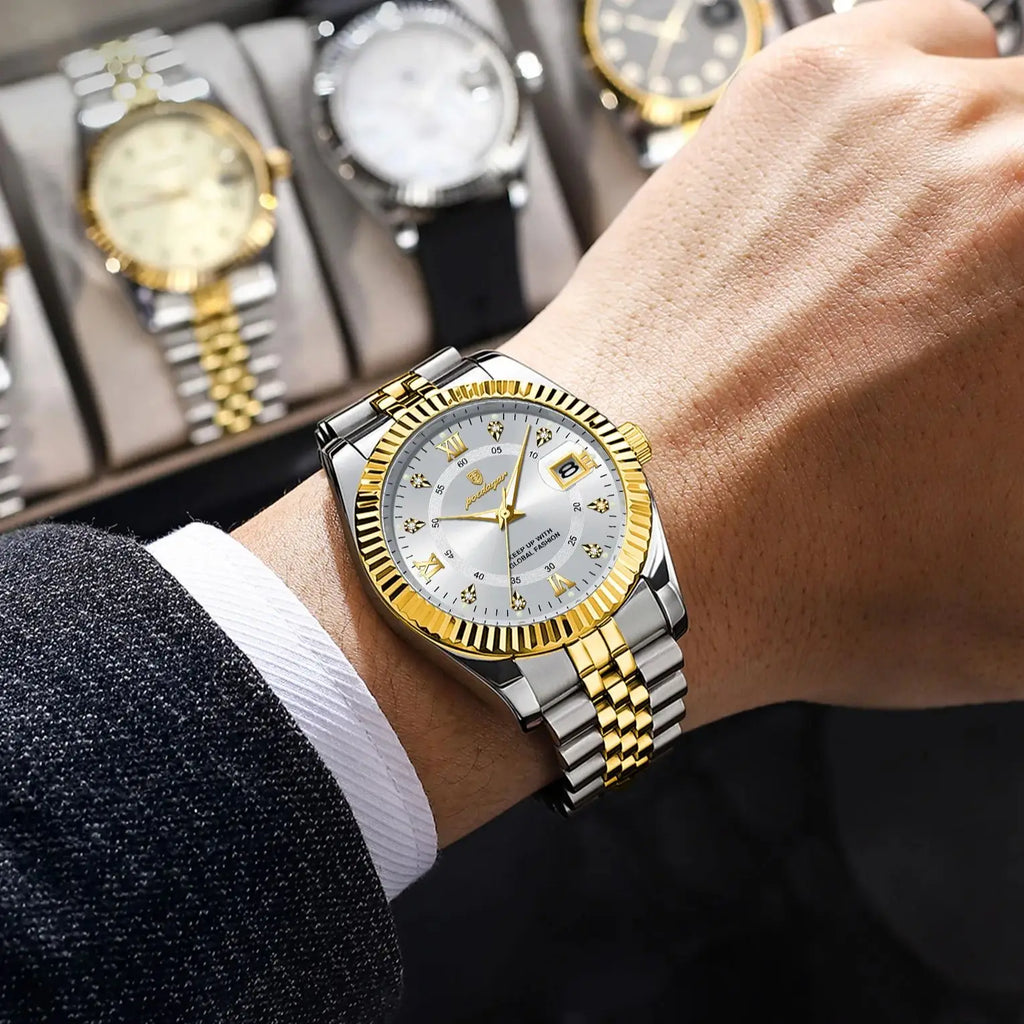 Reloj de Pulsera Clásico con Bisel Estriado / Reloj Formal de Acero para hombre