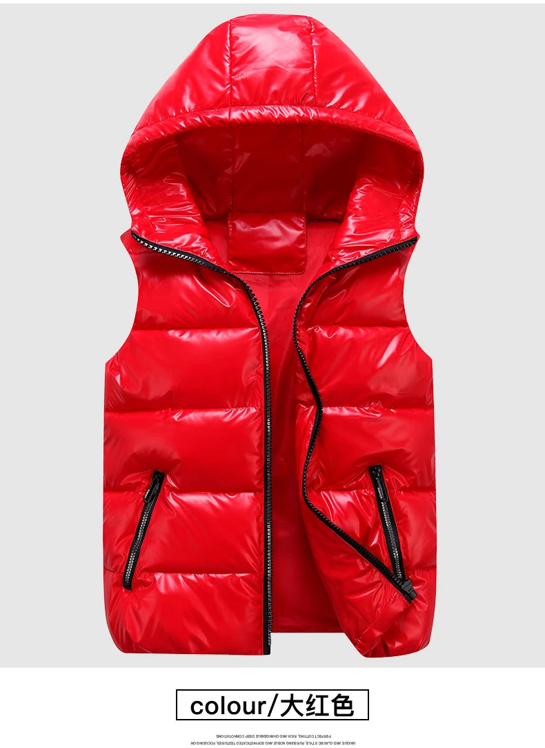 Chaleco Acolchado Puffer con Acabado Brillante y Capucha / Chaleco Urbano Negro Brillante de Invierno