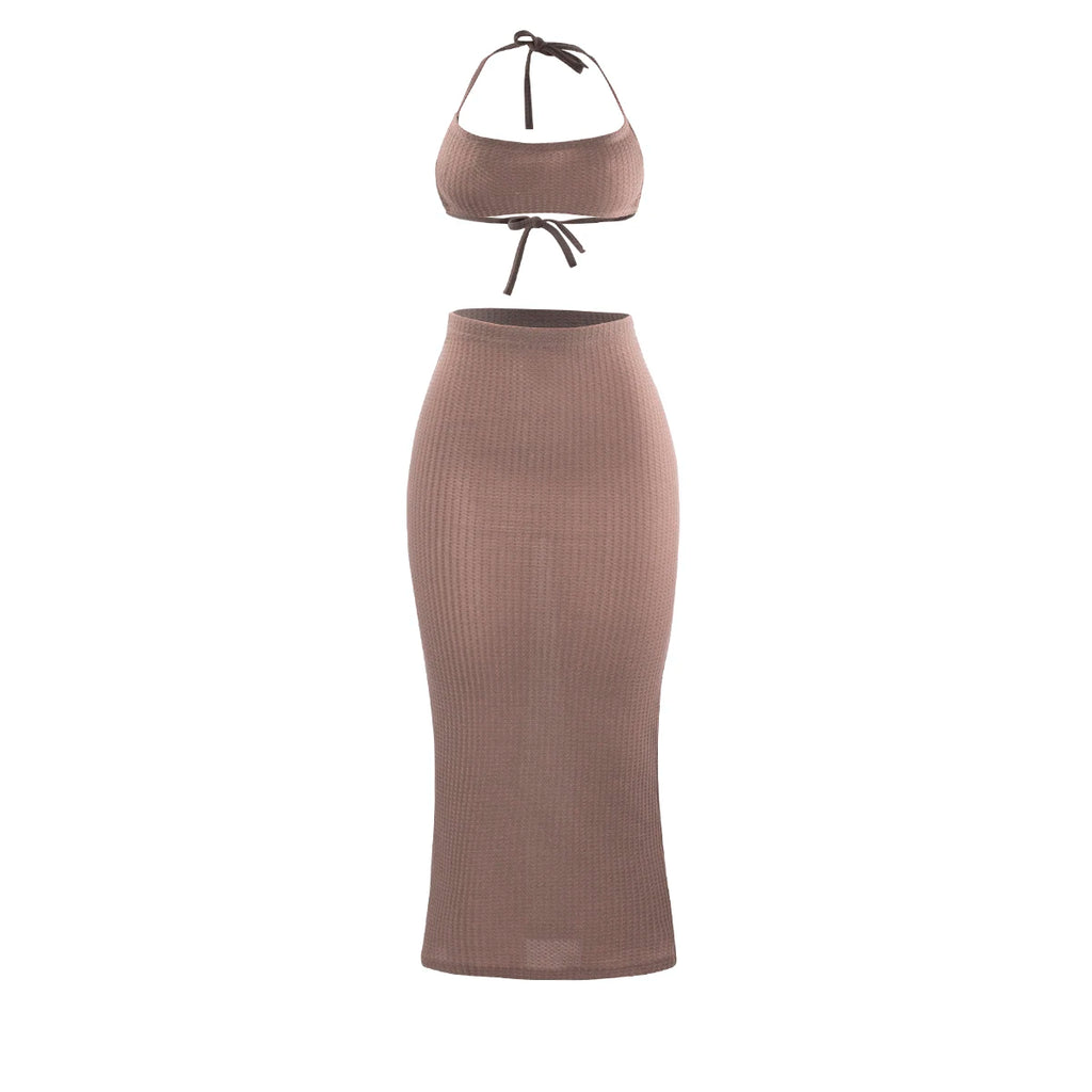 Conjunto de Falda Midi y Crop Top Monocolor / Outfit Dos Piezas de Punto