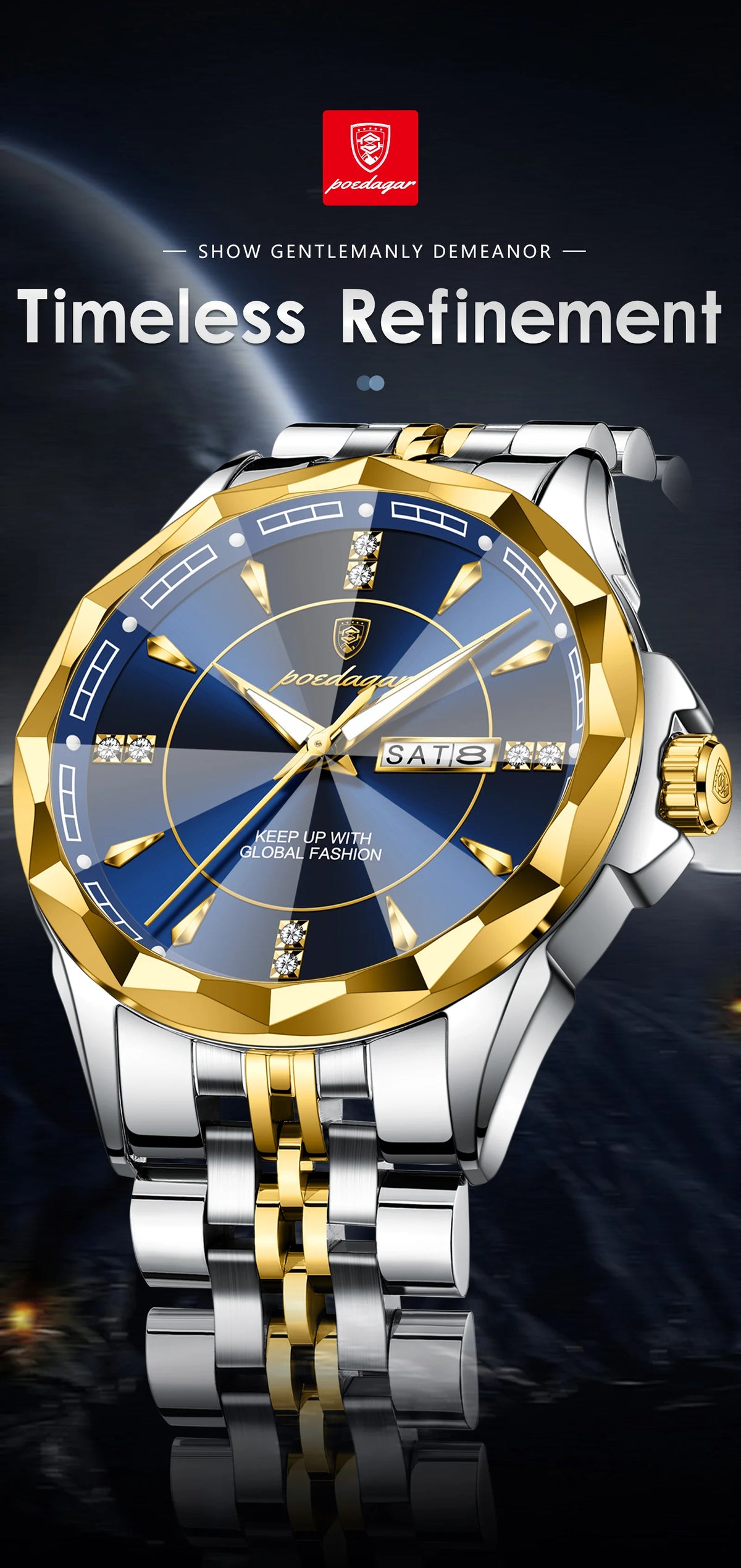 Reloj Analógico de Acero Inoxidable con Cristal Facetado / Reloj de Vestir con Esfera de Contraste Geométrico