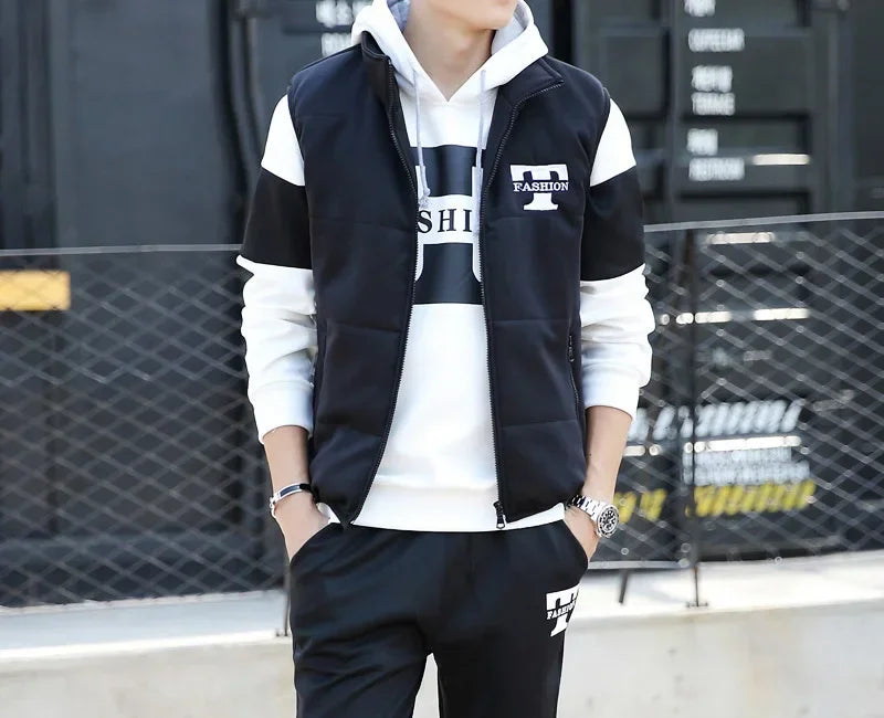 Conjunto de Invierno de 3 Piezas con Chaleco Acolchado / Chándal Completo Casual con Sudadera, Chaqueton y pantalónes