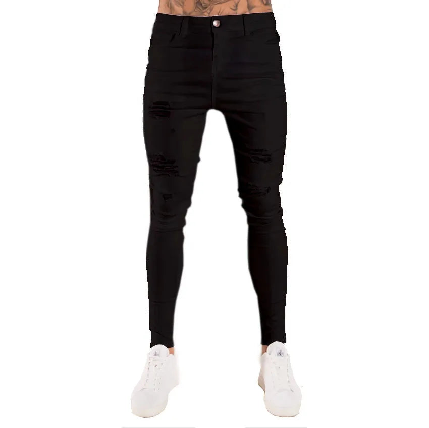 Vaqueros Slim Fit Deslavados con Rotos en las Rodillas / Jeans Ajustados Estilo Destruido Callejero