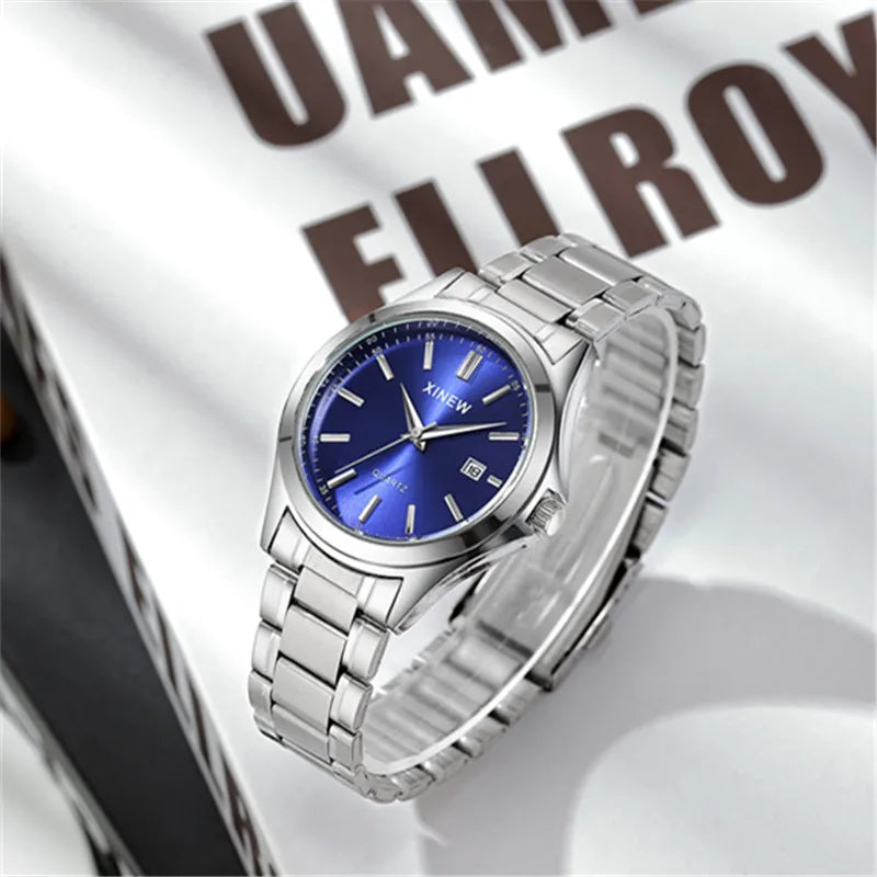 Reloj Analógico de Acero Inoxidable con Esfera Azul / Reloj Metálico Clásico para Hombre