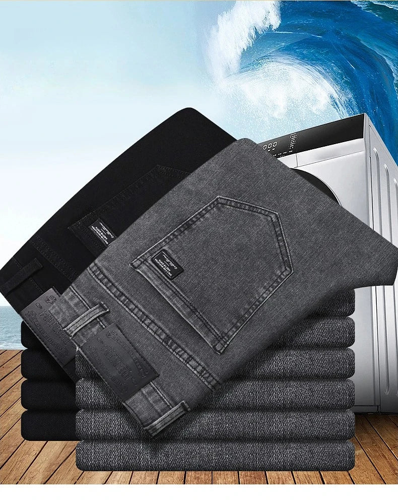 Vaqueros Rectos Elásticos de Algodón Confort / Jeans Básicos de Cintura Ajustable para Hombre