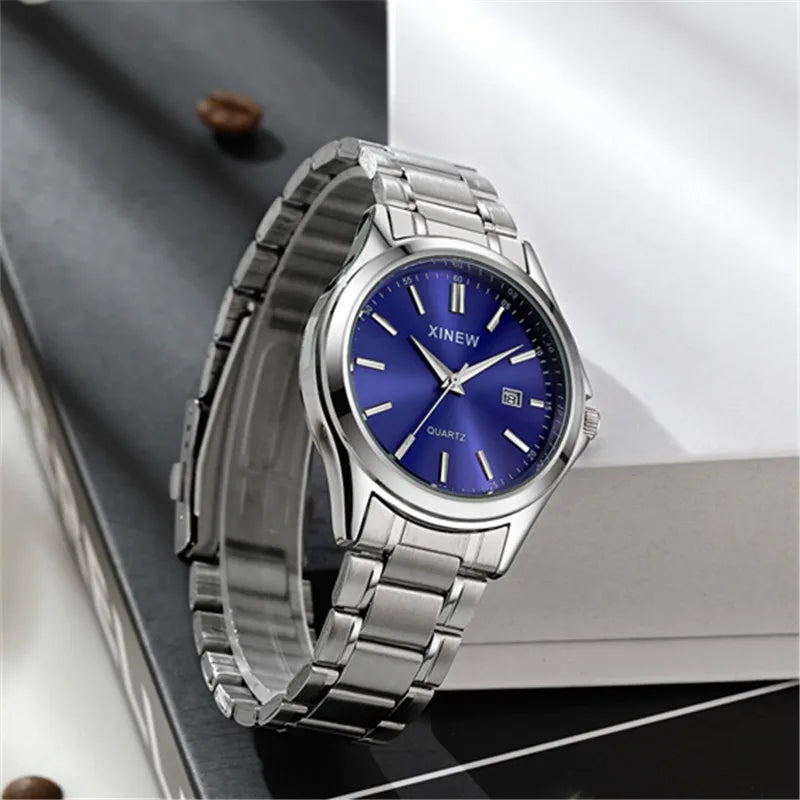 Reloj Analógico de Acero Inoxidable con Esfera Azul / Reloj Metálico Clásico para Hombre