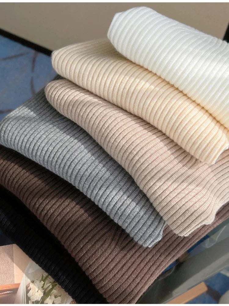 Top de Punto Acanalado con Cuello en V / Jersey Fino Ajustado de Manga Larga