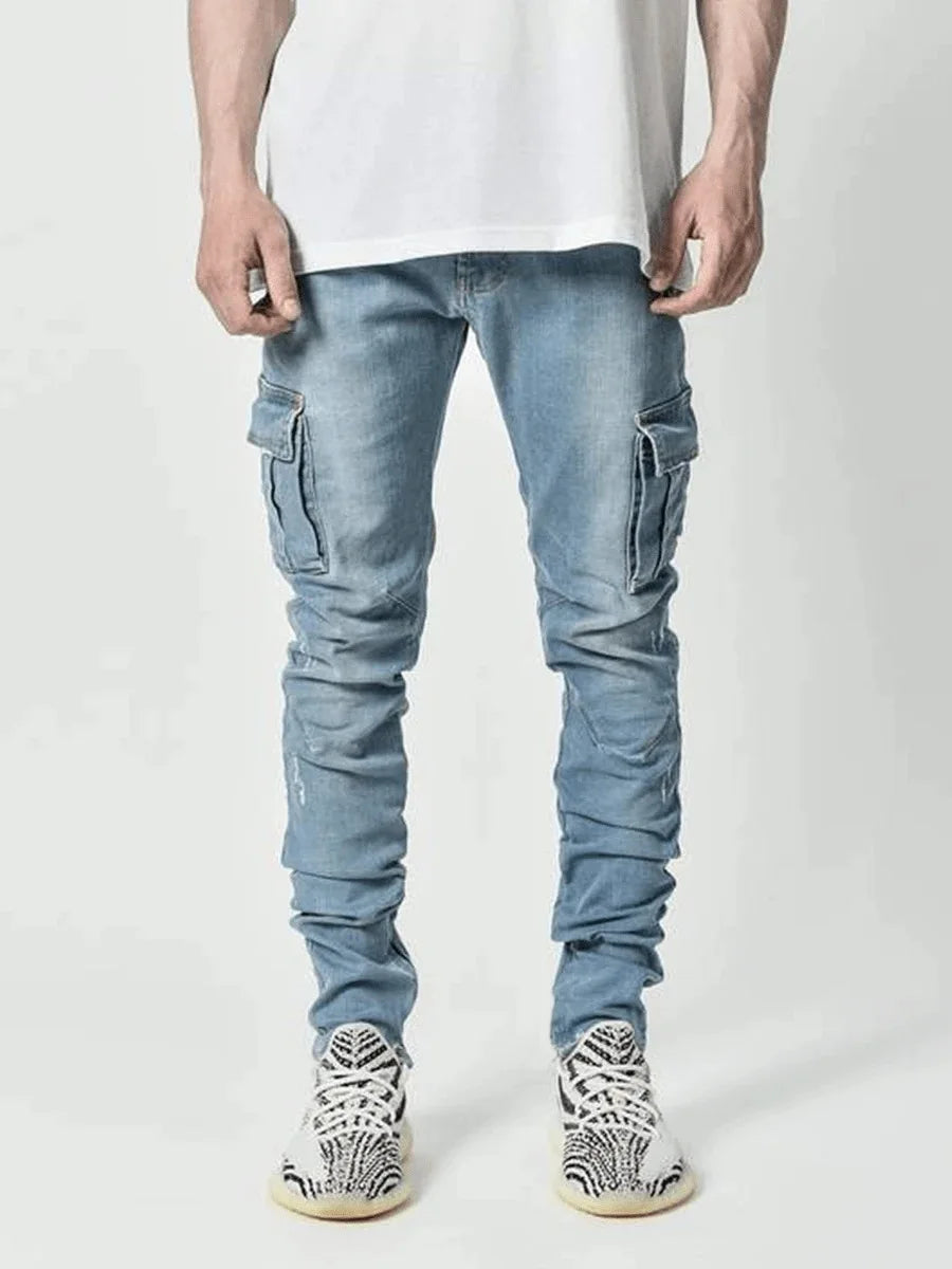 Vaqueros Elásticos Tipo Cargo con Bolsillos Laterales / Jeans Slim Fit con Diseño Cargo para Hombre
