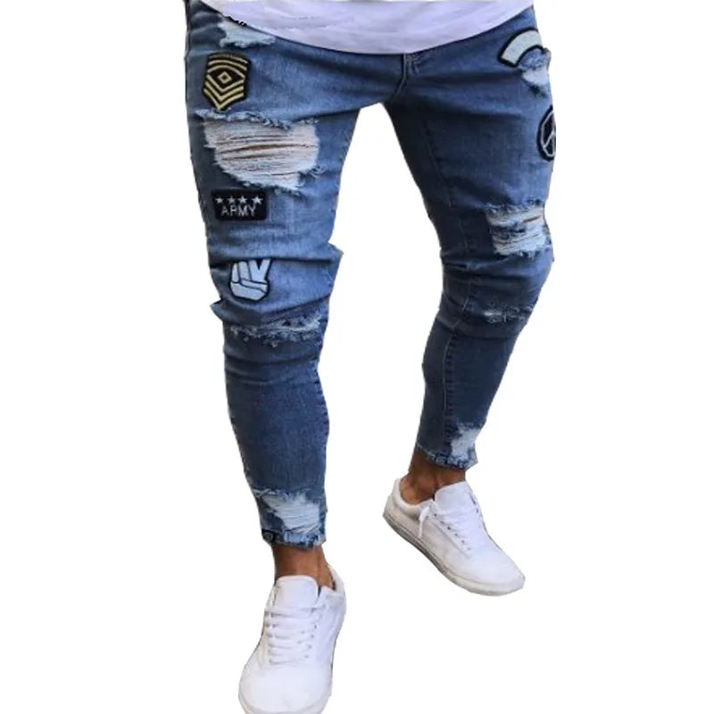 Vaqueros Slim Fit Deslavados con Rotos en las Rodillas / Jeans Ajustados Estilo Destruido Callejero