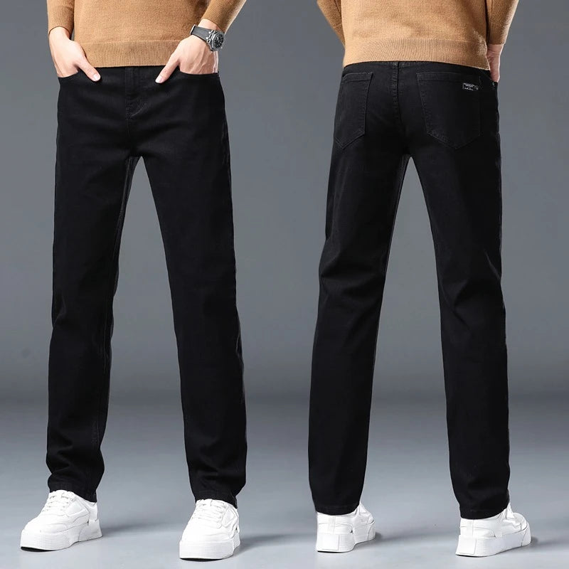 Vaqueros Rectos Elásticos de Algodón Confort / Jeans Básicos de Cintura Ajustable para Hombre