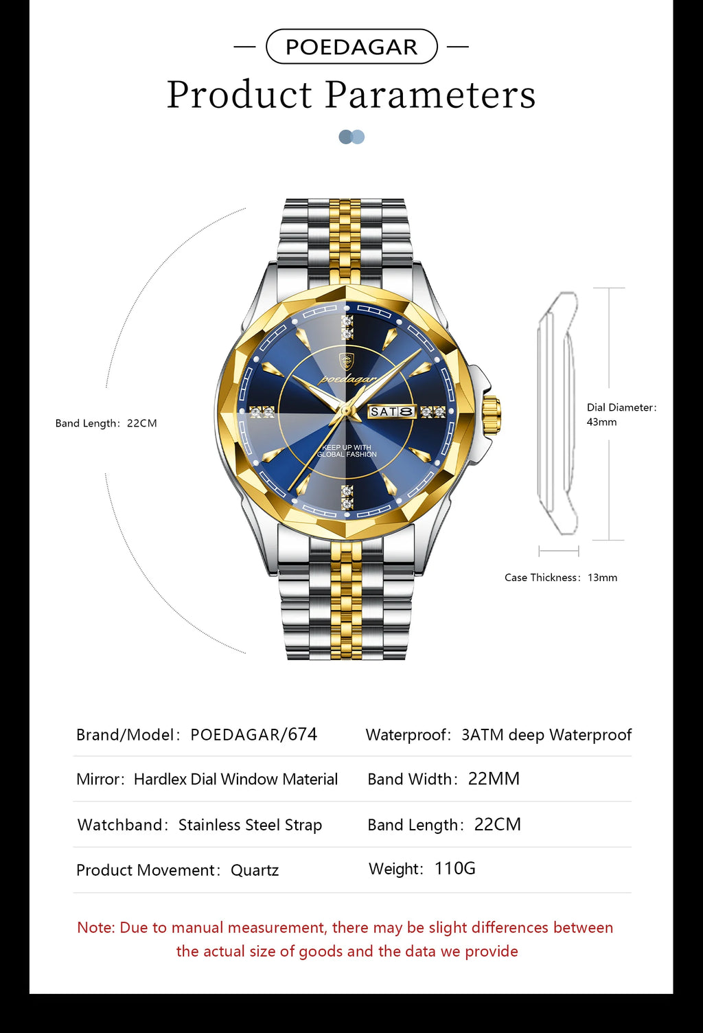 Reloj Analógico de Acero Inoxidable con Cristal Facetado / Reloj de Vestir con Esfera de Contraste Geométrico