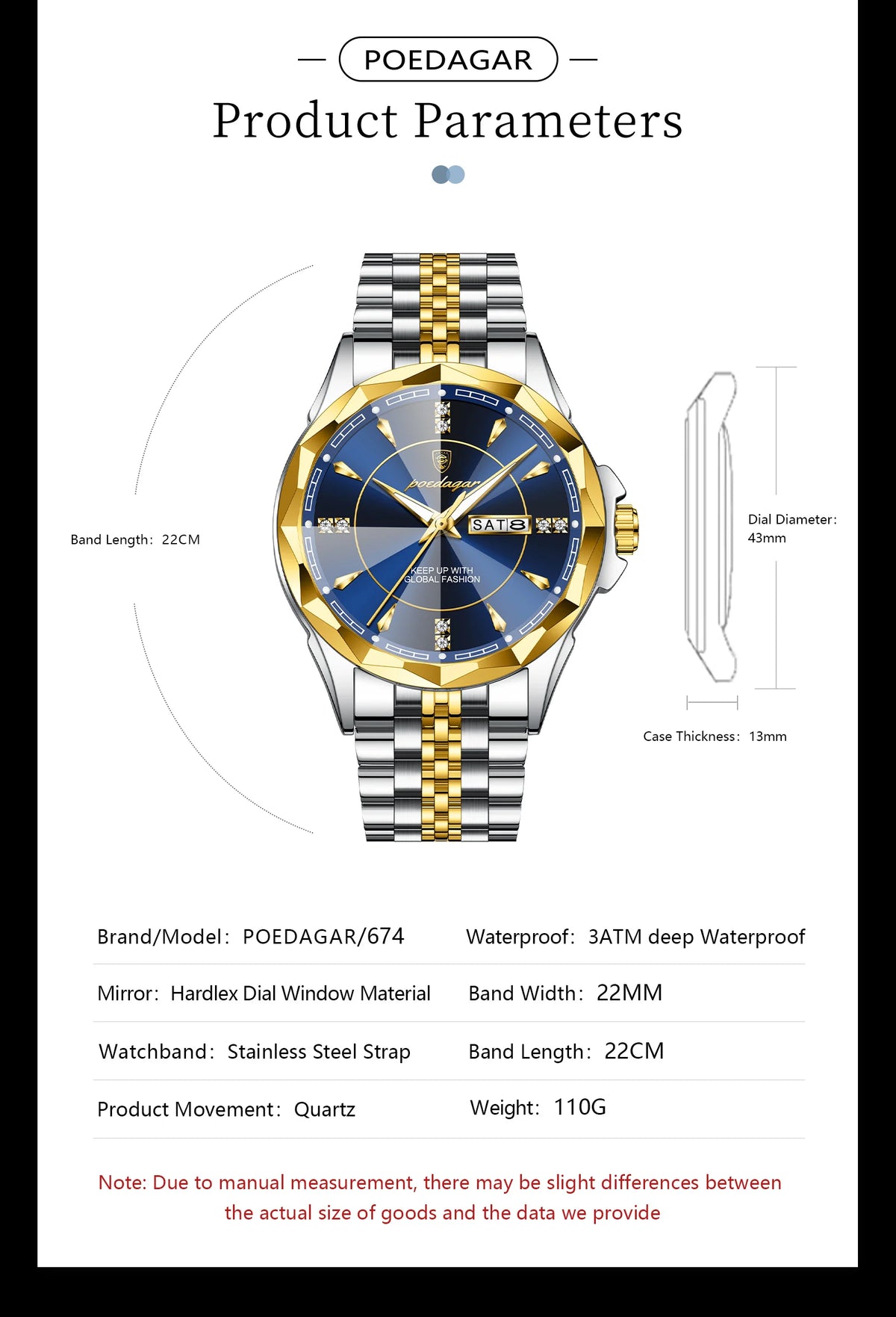 Reloj Analógico de Acero Inoxidable con Cristal Facetado / Reloj de Vestir con Esfera de Contraste Geométrico
