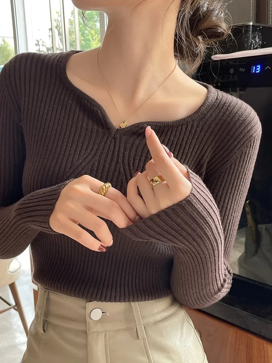 Top de Punto Acanalado con Cuello en V / Jersey Fino Ajustado de Manga Larga