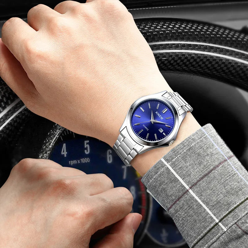 Reloj Analógico de Acero Inoxidable con Esfera Azul / Reloj Metálico Clásico para Hombre