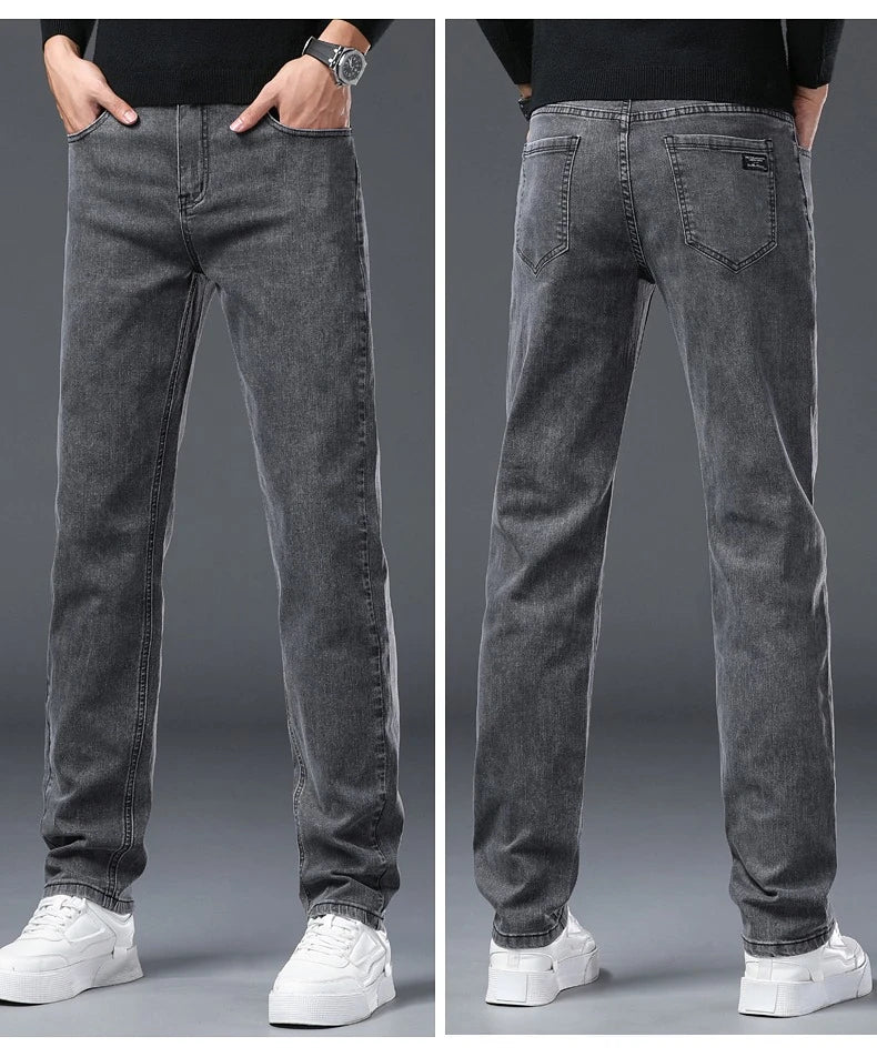 Vaqueros Rectos Elásticos de Algodón Confort / Jeans Básicos de Cintura Ajustable para Hombre