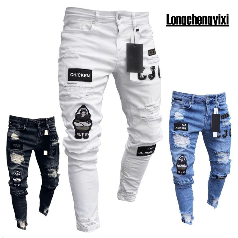 Vaqueros Slim Fit Deslavados con Rotos en las Rodillas / Jeans Ajustados Estilo Destruido Callejero