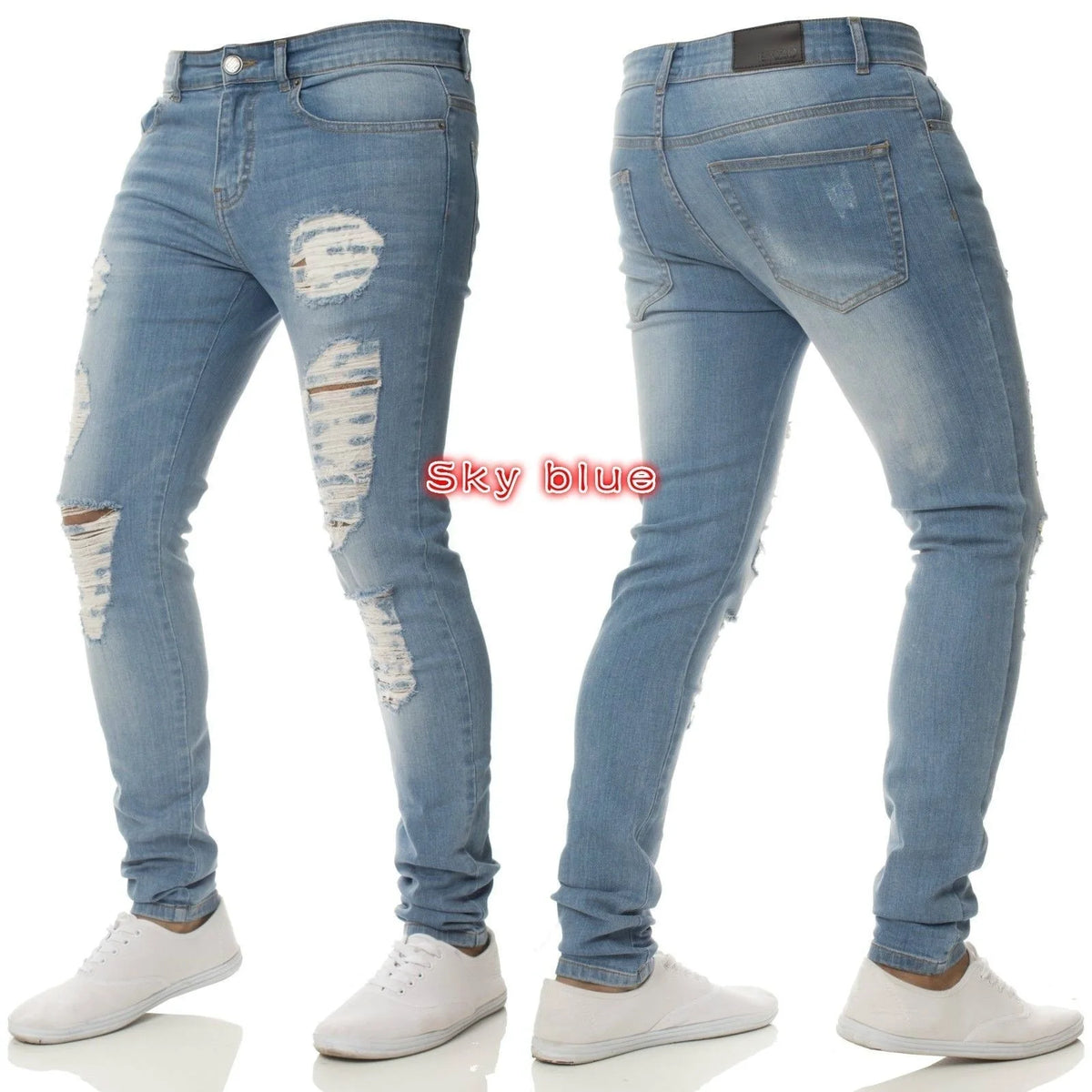 Vaqueros Slim Fit Deslavados con Rotos en las Rodillas / Jeans Ajustados Estilo Destruido Callejero