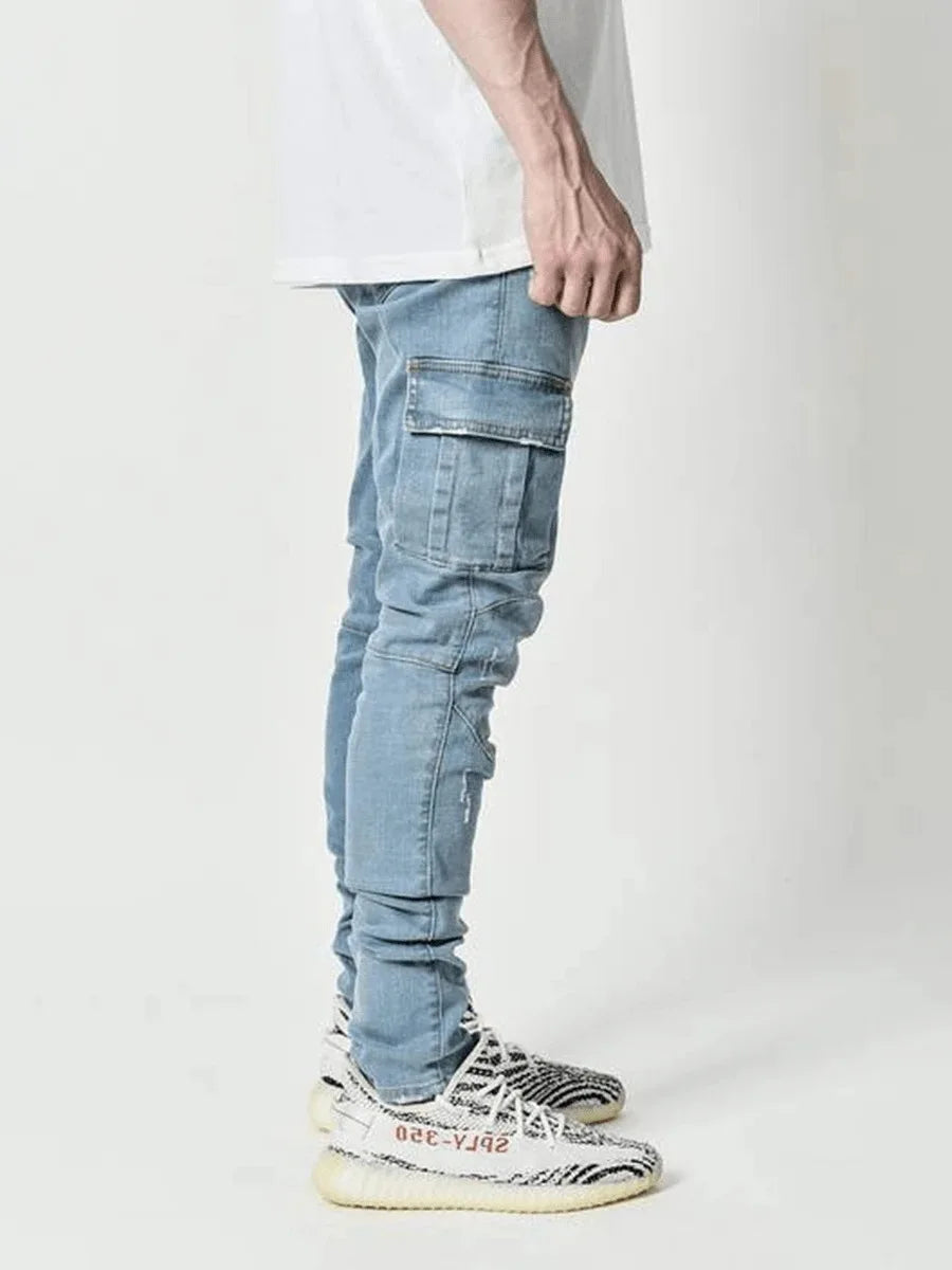 Vaqueros Elásticos Tipo Cargo con Bolsillos Laterales / Jeans Slim Fit con Diseño Cargo para Hombre