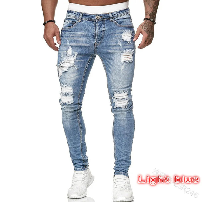Vaqueros Slim Fit Deslavados con Rotos en las Rodillas / Jeans Ajustados Estilo Destruido Callejero