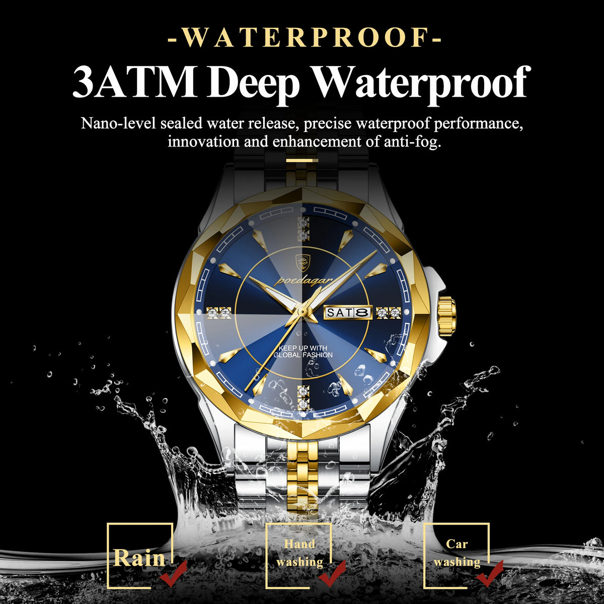 Reloj Analógico de Acero Inoxidable con Cristal Facetado / Reloj de Vestir con Esfera de Contraste Geométrico