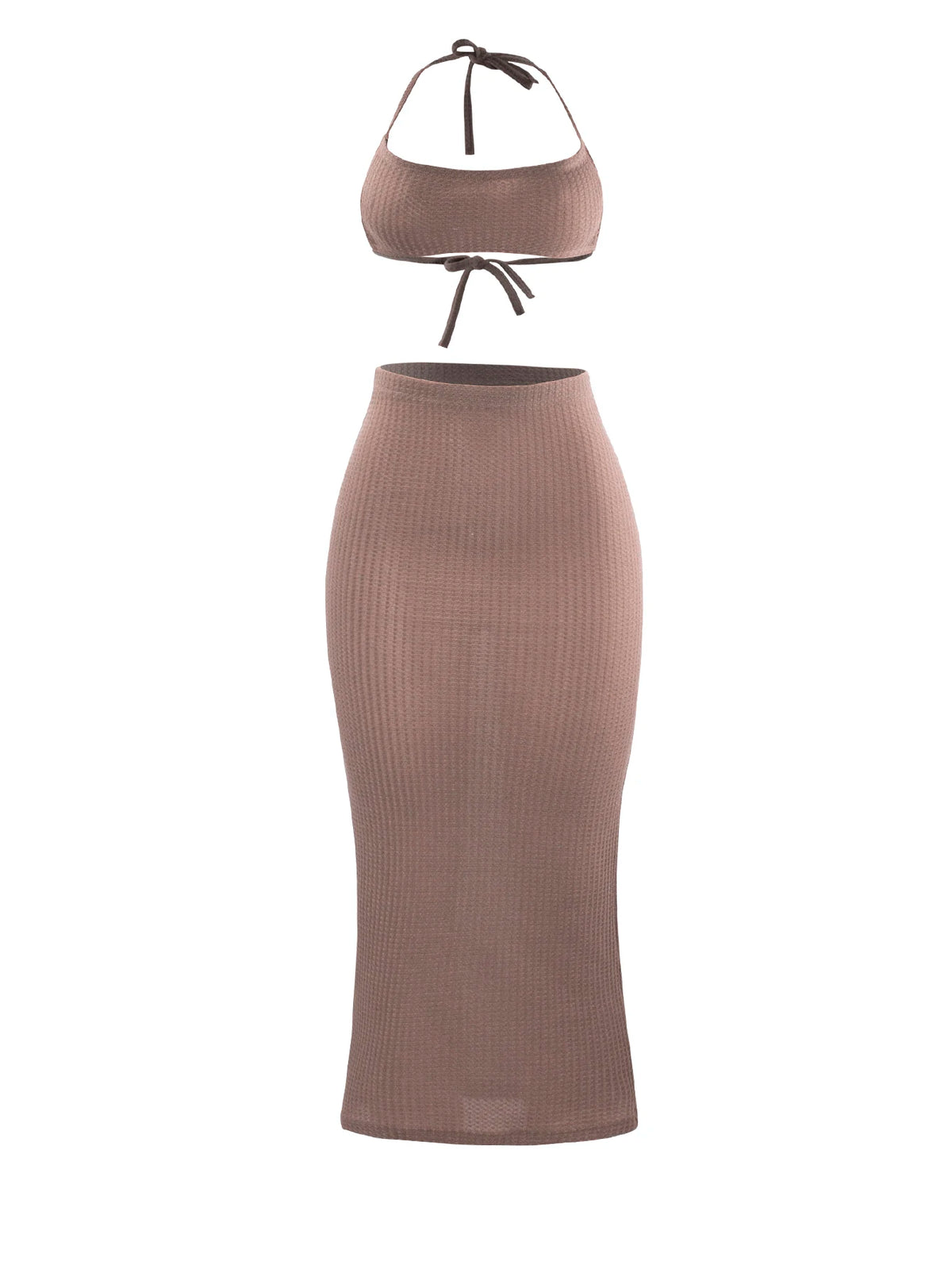 Conjunto de Falda Midi y Crop Top Monocolor / Outfit Dos Piezas de Punto