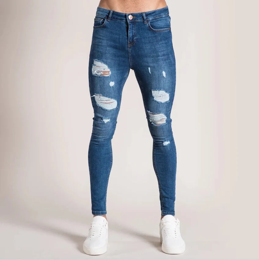 Vaqueros Slim Fit Deslavados con Rotos en las Rodillas / Jeans Ajustados Estilo Destruido Callejero