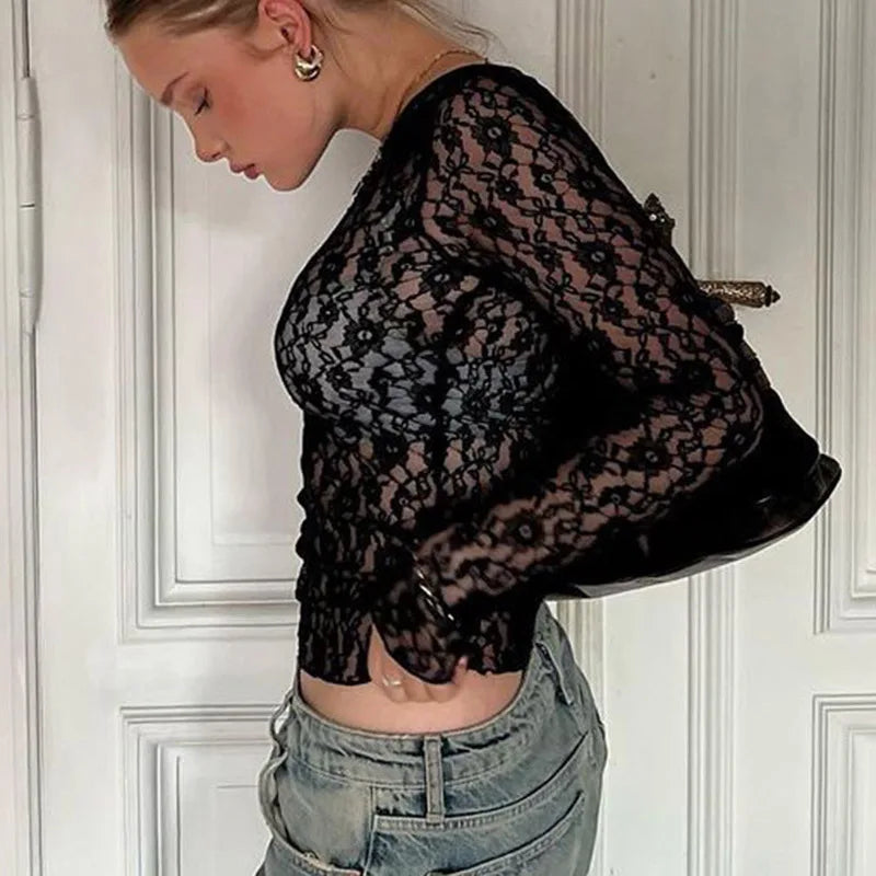 Camiseta de Encaje Transparente con Manga Larga para Mujer
