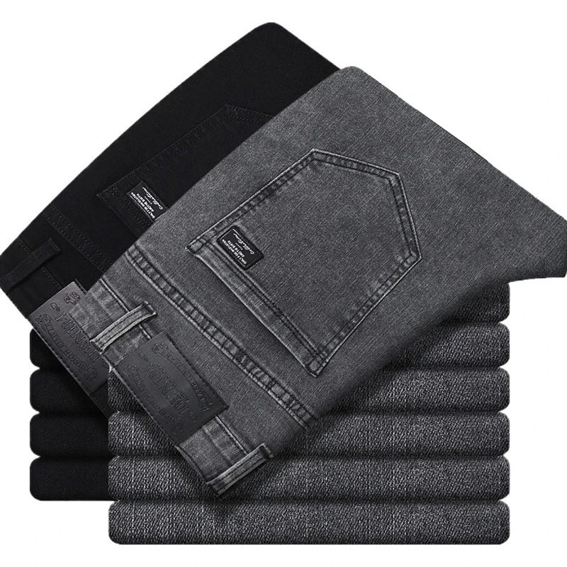 Vaqueros Rectos Elásticos de Algodón Confort / Jeans Básicos de Cintura Ajustable para Hombre