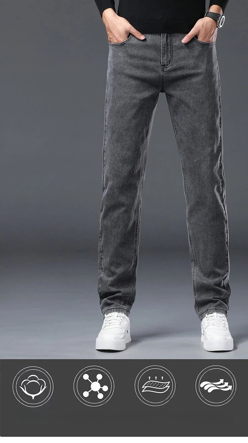 Vaqueros Rectos Elásticos de Algodón Confort / Jeans Básicos de Cintura Ajustable para Hombre