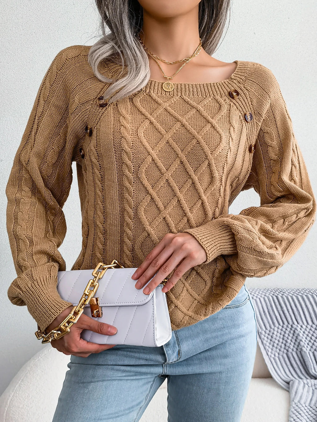Suéter de Punto de Ocho con Botones en el Hombro para Mujer