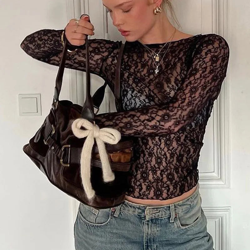 Camiseta de Encaje Transparente con Manga Larga para Mujer