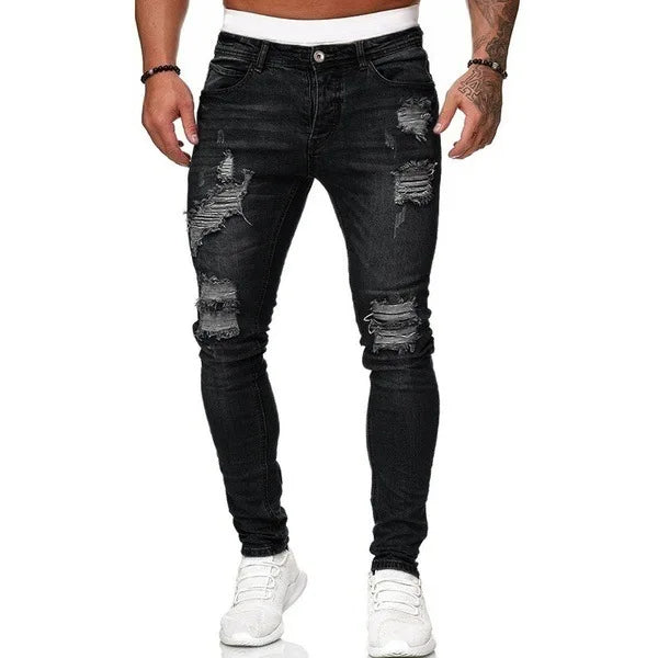 Vaqueros Slim Fit Deslavados con Rotos en las Rodillas / Jeans Ajustados Estilo Destruido Callejero