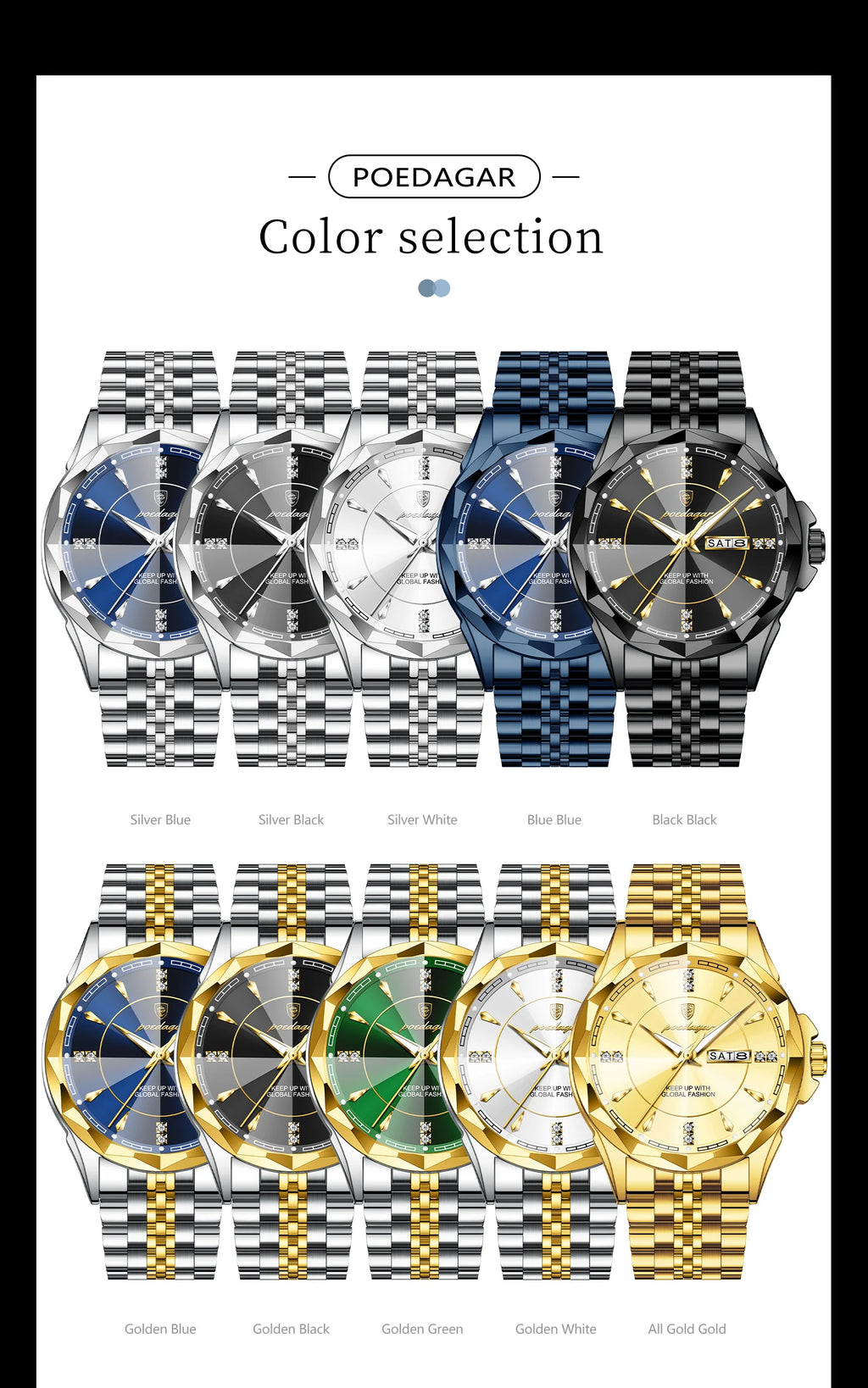 Reloj Analógico de Acero Inoxidable con Cristal Facetado / Reloj de Vestir con Esfera de Contraste Geométrico