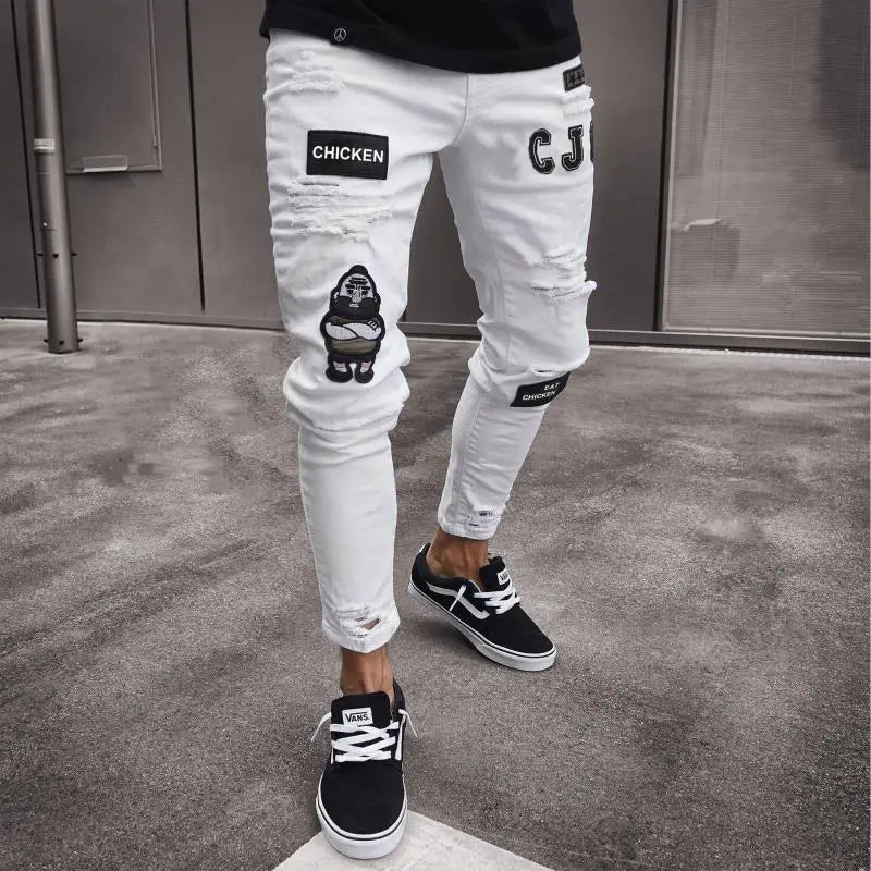 Vaqueros Slim Fit Deslavados con Rotos en las Rodillas / Jeans Ajustados Estilo Destruido Callejero