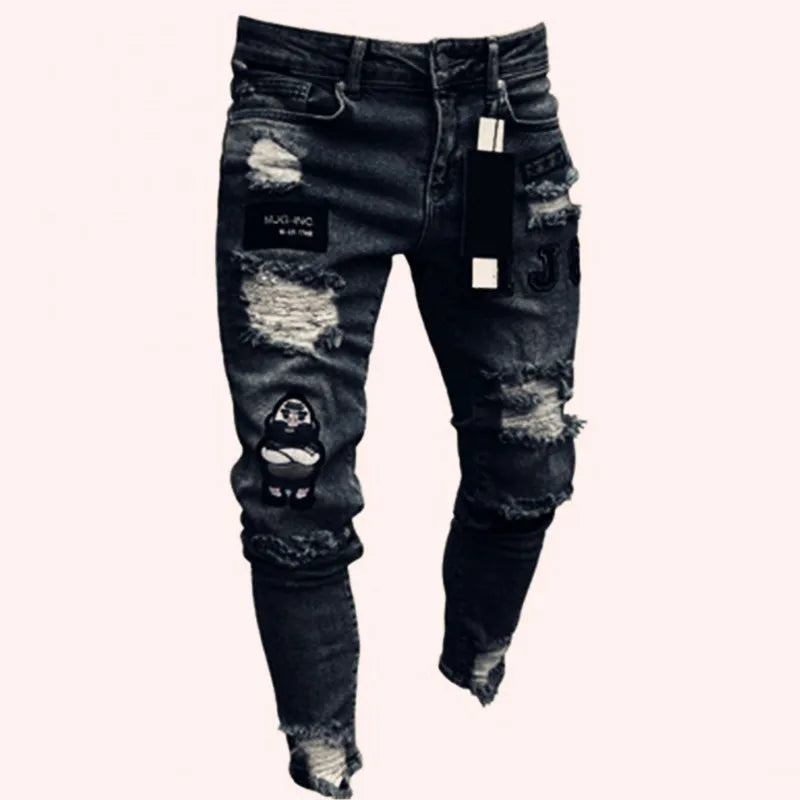 Vaqueros Slim Fit Deslavados con Rotos en las Rodillas / Jeans Ajustados Estilo Destruido Callejero