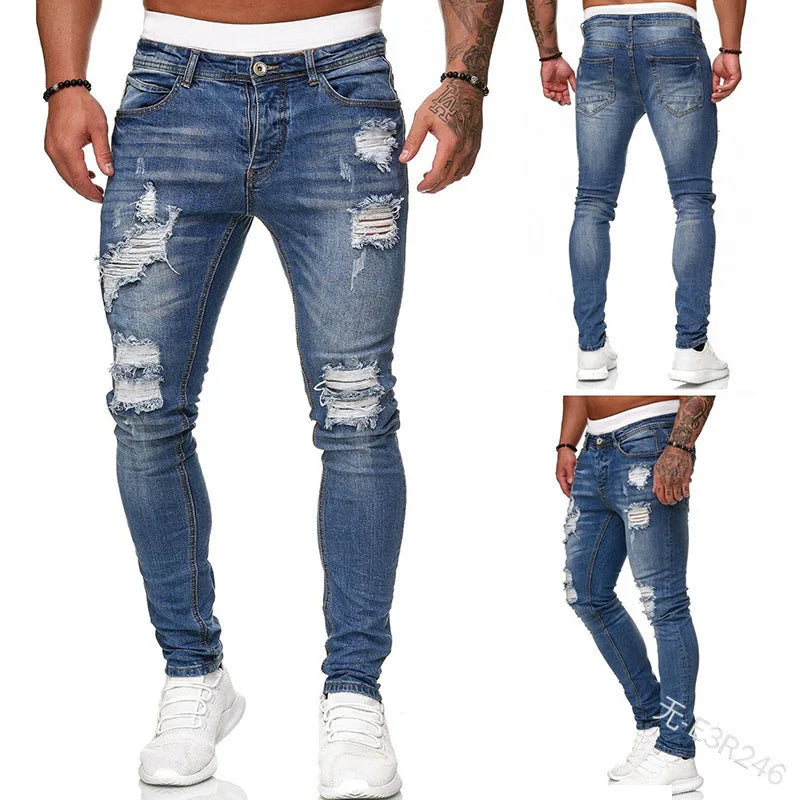 Vaqueros Slim Fit Deslavados con Rotos en las Rodillas / Jeans Ajustados Estilo Destruido Callejero