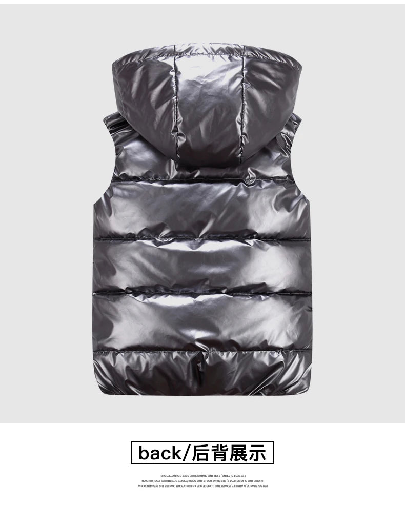 Chaleco Acolchado Puffer con Acabado Brillante y Capucha / Chaleco Urbano Negro Brillante de Invierno