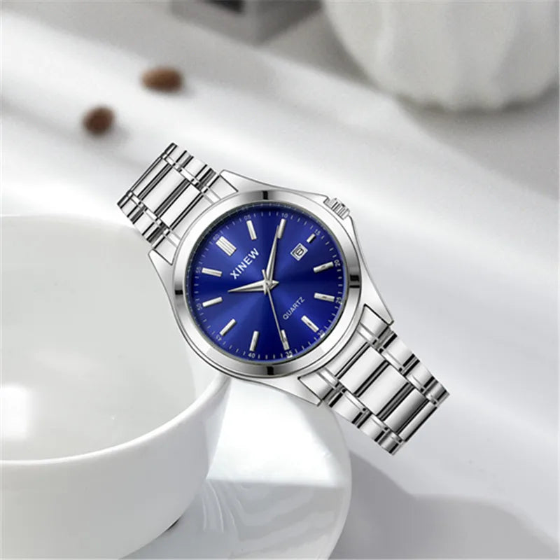 Reloj Analógico de Acero Inoxidable con Esfera Azul / Reloj Metálico Clásico para Hombre