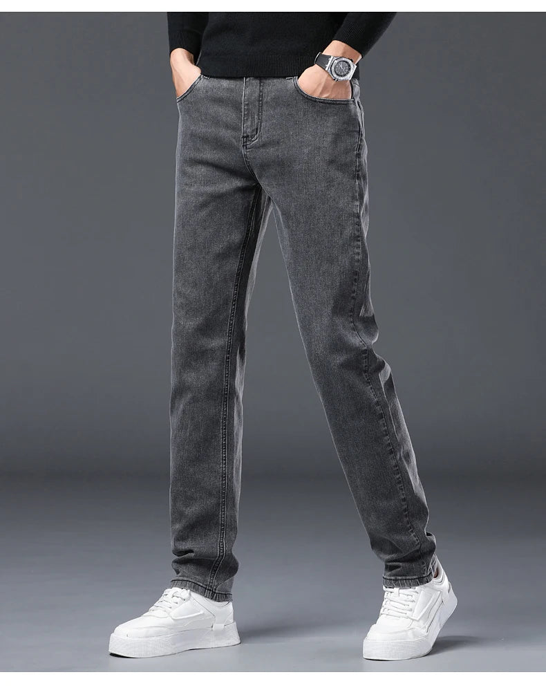 Vaqueros Rectos Elásticos de Algodón Confort / Jeans Básicos de Cintura Ajustable para Hombre