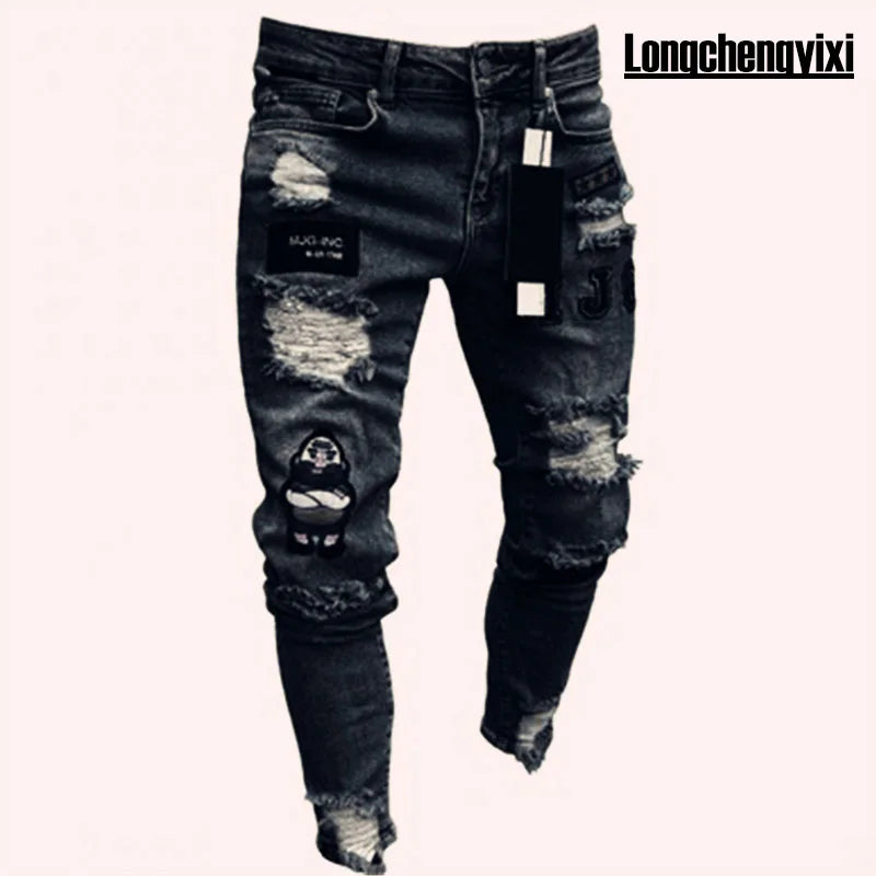 Vaqueros Slim Fit Deslavados con Rotos en las Rodillas / Jeans Ajustados Estilo Destruido Callejero